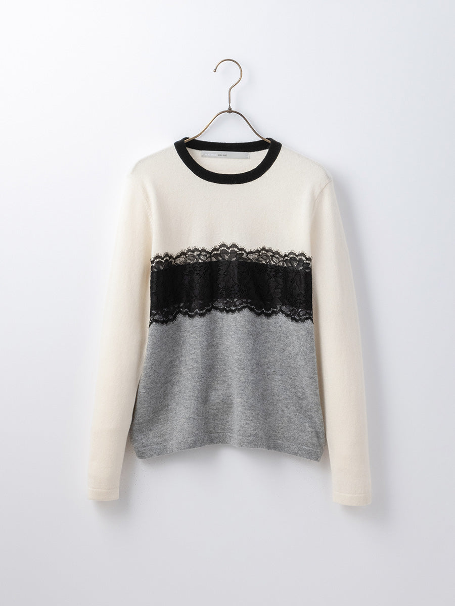 platinum-meimeiカシミヤ100%チェンジレースクルーネックセーター platinum-mei-mei】カシミヤ100％チェンジレースクルーネックセーター