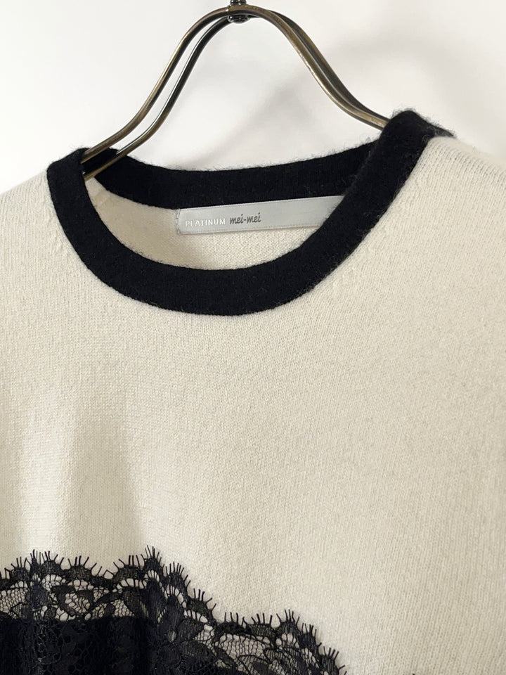 platinum-mei-mei】カシミヤ100％チェンジレースクルーネックセーター