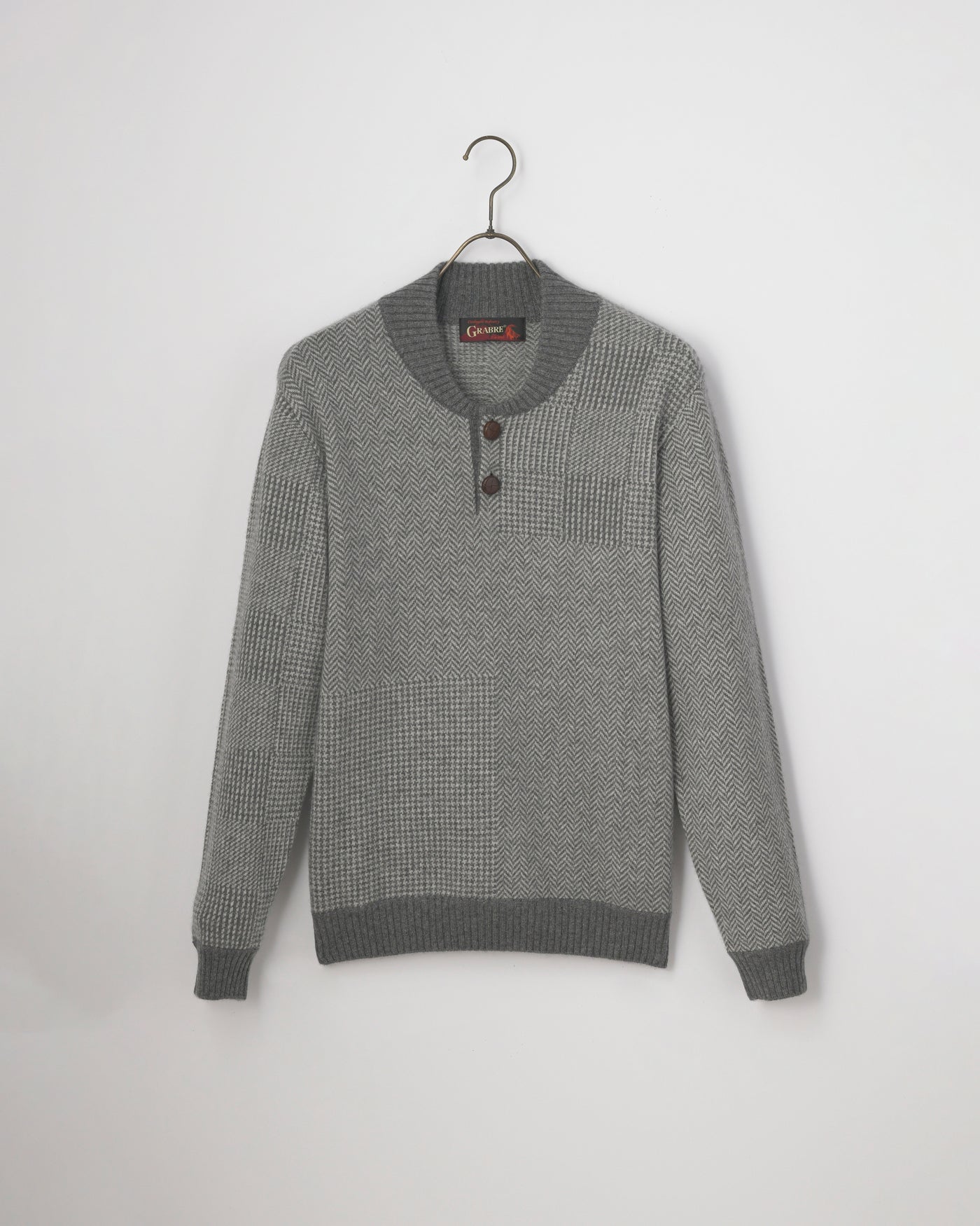 【GRABRE】25最高級カシミヤ100％ヘンリーネックパッチワークセーター